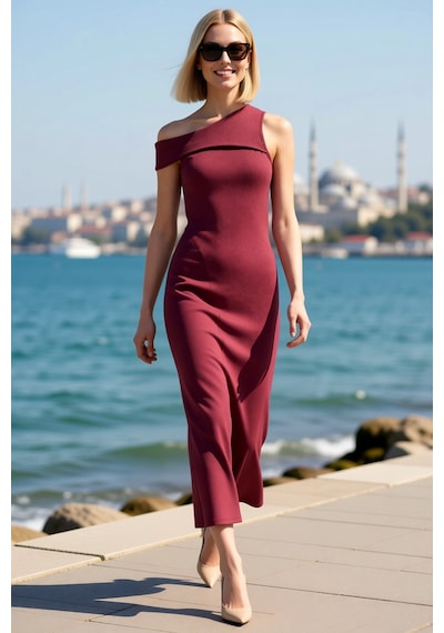 Benerly Kadın Asimetrik Yaka Kolsuz Maxi Elbise A Kesim Dokulu Örme Rahat Bordo