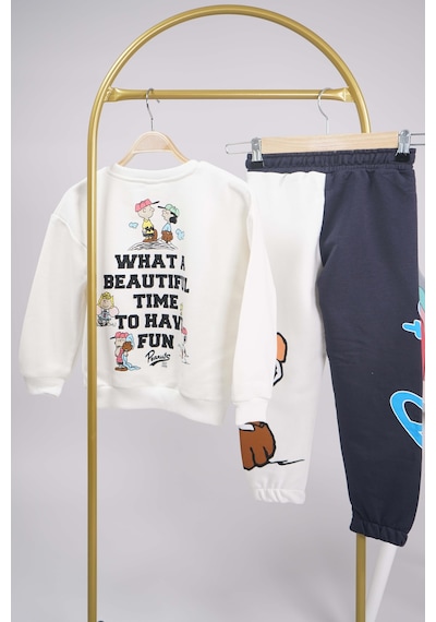 Yeni Sezon Peanust Snoopy Modelli Bisiklet Yaka Pamuk Eşofman Takımı Ekru