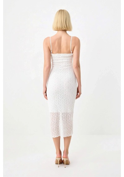 Benerly Kadın Dantel Bodycon Midi Elbise İnce Askılı Kare Yaka Astarlı Ko Beyaz