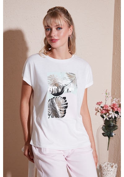 Lela Baskılı Bisiklet Yaka Regular Fit Bayan T Shirt 6671004 Ekru