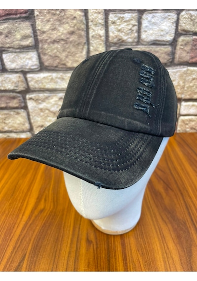 Hamze Yıkamalı Vintage Eskitme Gabardin Siyah Beyzbol Cap Şapka