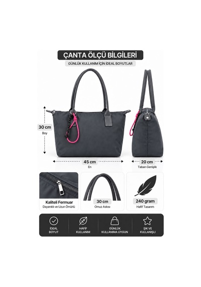 Vıatox Vx-027 Kadın Geniş Hacimli Shopper Su Geçirmez Paraşüt Kumaş Astarlı & Dayanıklı Koyu Gri