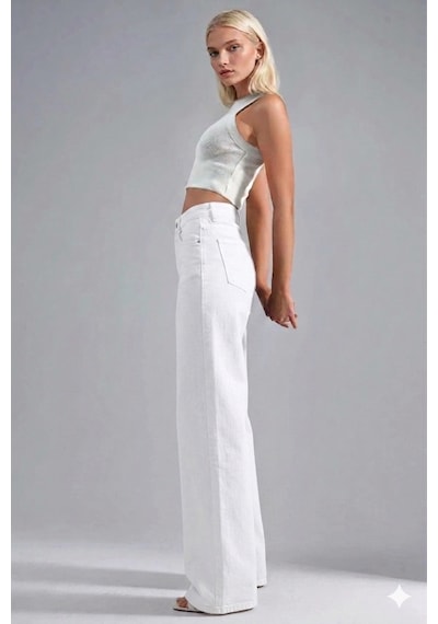 Layal My Beauty Melody Kadın Jeans Wide Leg Rahat Yüksek Bel Salaş Bol Paça Jean Palazzo Denim Kot Pantolon Beyaz