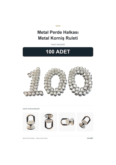100 Adet - Metal Perde Halkası - Metal Korniş Ruleti Gümüş