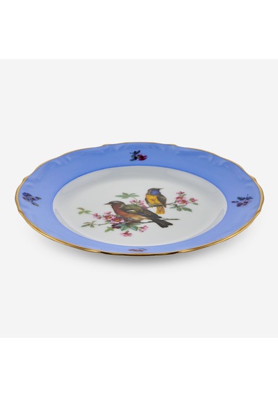 Altın Dekorlu Yeşil Kuşlu Mavi Porselen Pasta Tabağı 19 Cm