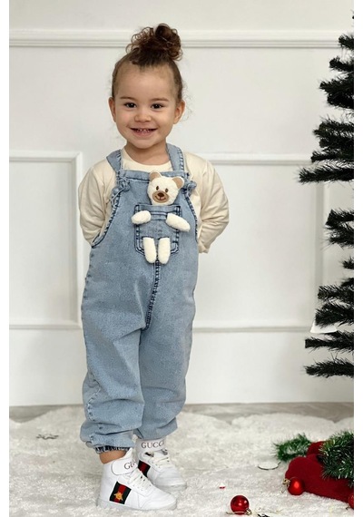 Unisex Çocuk Askısı Bağlamalı Teddy Oyuncaklı 2'li Kot Salopet 001