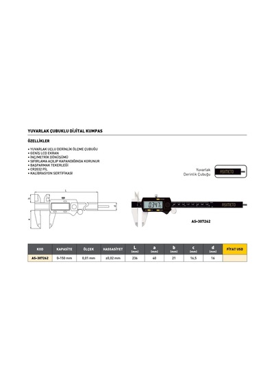 Fett 0-150mm Asimeto Yuvarlak Çubuklu Dijital Kumpas As-307262