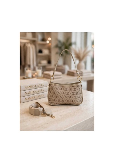 Names Bag Kadın Lüks Tasarım Monogram/desenli Çift Askılı Kumaş/deri Detaylı El Ve Omuz Çantası Krem