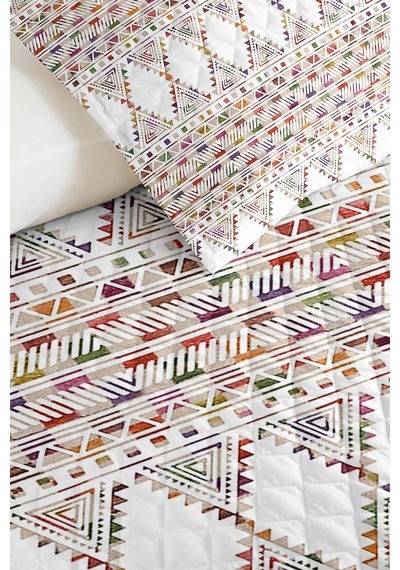 Geometrik Beyaz Genç Odası Tek Kişilik Pike Takımı - Bohem Renkli 160x220 Cm Kapitone Yatak Örtüsü Şeffaf