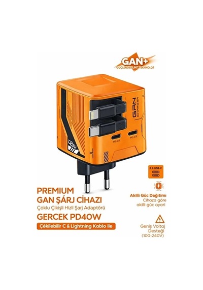 Gan+ Pd 40w Hızlı Şarj Adaptörü Çoklu Çıkış Usb-c Lightning Kablolu Hızlı Şarj Cihazı Ev Ofis Uyumlu Turun 0