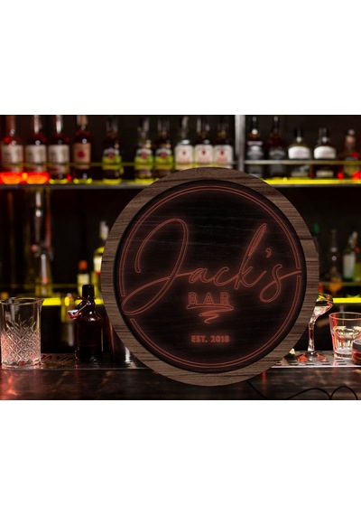 Bk Gift Kişiye Özel Led Işıklı Yuvarlak Bar Tabelası, Işıklı Tabela, Bar Dekorasyonu, Duvar Dekoru, Home Bar Tabela-2 - 35cm