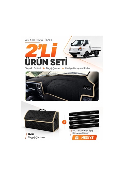 E-biz Hyundai H100 2020-2024 Uyumlu Torpido Örtüsü + Deri Bagaj Çantası Seti - Siyah-bej - Hu023