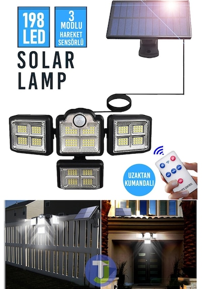 Technojet Güneş Enerjili Kumandalı Hareket Sensörlü Solar Bahçe Aydınlatma Ve Sokak Lambası 198 Led
