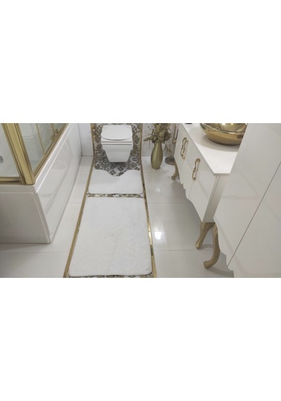 Gofraj Beyaz Banyo Halısı Klozet Takımı 3'Lü Set Beyaz
