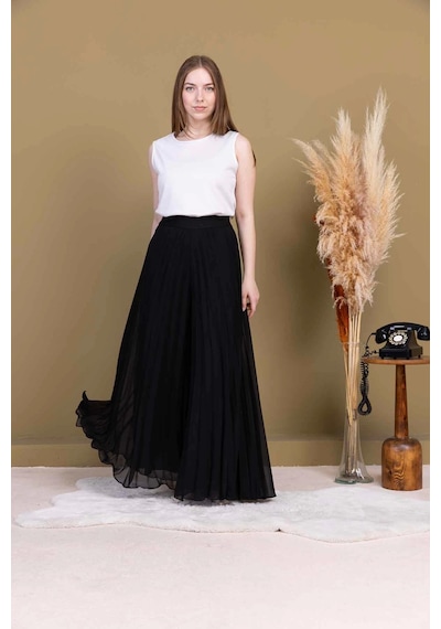 Lodmela Beli Lastikli Pliseli Şifon Pantolon 6030-siyah Siyah