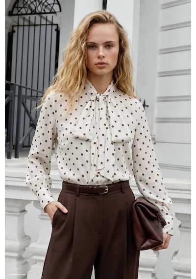 Sateen Puantiye Desenli Fularlı Gömlek - Ekru-kahve-138030