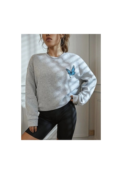 Blackjack Giyim Gri Oversize Sweatshirt Mavi Kelebek Baskı Gri