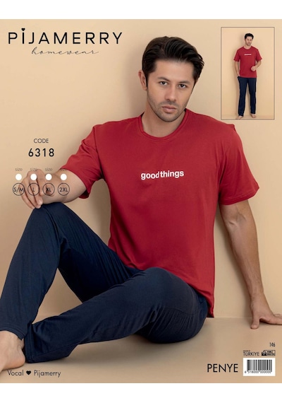 Pijamerry Erkek Bisiklet Yaka Kısa Kol Penye Pijama Takımı 6318 - 1 Adet Kırmızı