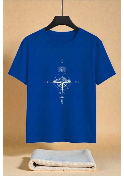 Uyguntarz Unisex Pusula Baskılı Tasarım Tshirt Mavi