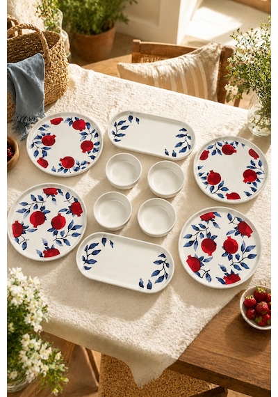 Nar 10 Parça 4 Kişilik Stackable Seramik Kahvaltı Takımı Nar Desenli Lüks Kahvaltılık Sunum Seti Beyaz