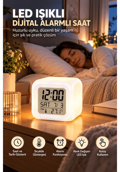 Dijital Ekranlı Küp Saat Led Işıklı Alarm Ve Sıcaklık Göstergeli Gri - Siyah
