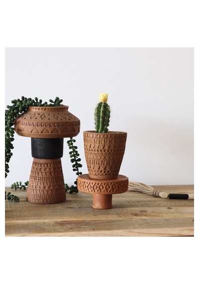 El Yapımı Kabartmalı Terracotta Vazo Büyük Boy Boho Dekoratif Vazo Altın - Siyah