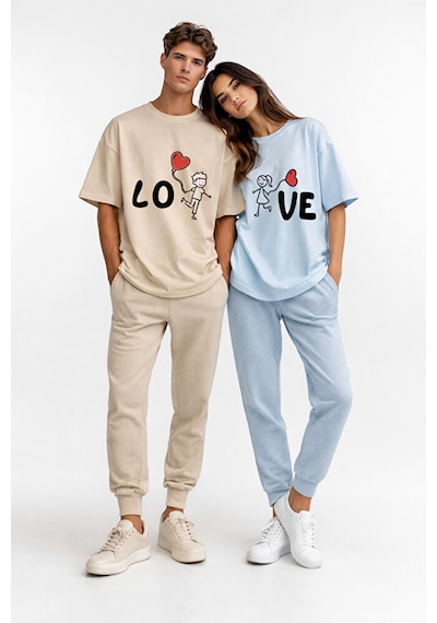 Sevgili Kombini Love Baskılı Çift Tişört Oversize Unisex Partner Bej