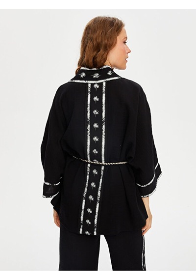 Faik Sönmez Resort Palmiye Baskılı Müslin Kimono S25kmn006 Us25kmn00610 Siyah