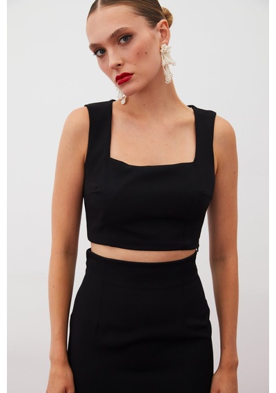 Sateen Kare Yaka Crop Bluz - Siyah-134915 Siyah