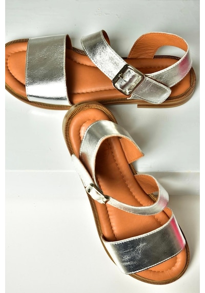 Fox Shoes U944150303 Gümüş Kalın Bantlı Hakiki Deri Kadın Sandalet Gümüş-hakiki Deri