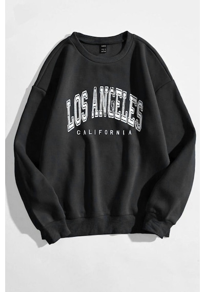 Los Angeles Yazı Tasarım Sweatshirt - Siyah Baskılı Oversize Kalın Kışlık Bisiklet Yaka Siyah