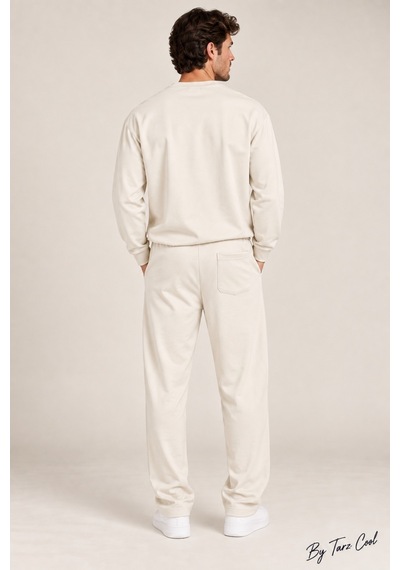 Tarz Cool Erkek Oversize %100 Oyşo Bisiklet Yaka Sweatshirt Bol Paça Alt Üst Takım Beyaz