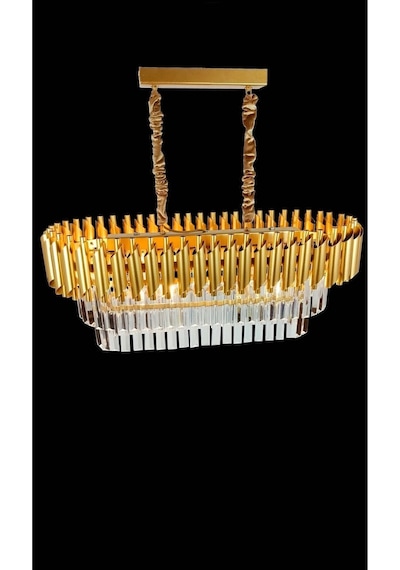 Roza Varaklı Gold 75x35 Cm Lik Kristal Taşlı Lüks Avize - Yatak Odası - Salon - Mutfak - Hol Altın
