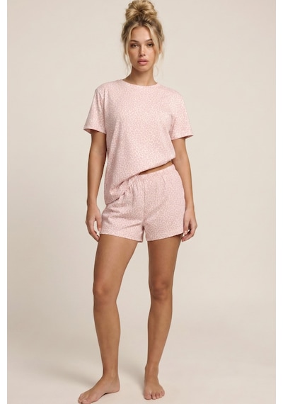 Siyah İnci Örme Şortlu Pijama Takım 8056 Beyaz Somon Leopar