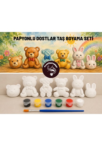 Papyonlu Dostlar Taş Boyama Seti 6 Obje + 6 Renk Boya + 1 Fırça + Boyama Sertifikası