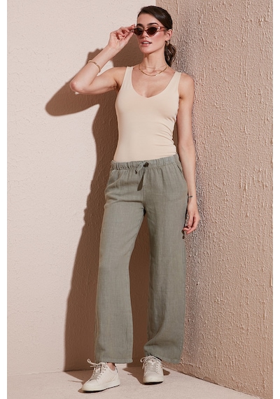 Lela Relaxed Fit Normal Bel Geniş Paça Çift Cepli Keten Bayan Pantolon 668Yp4991 Haki