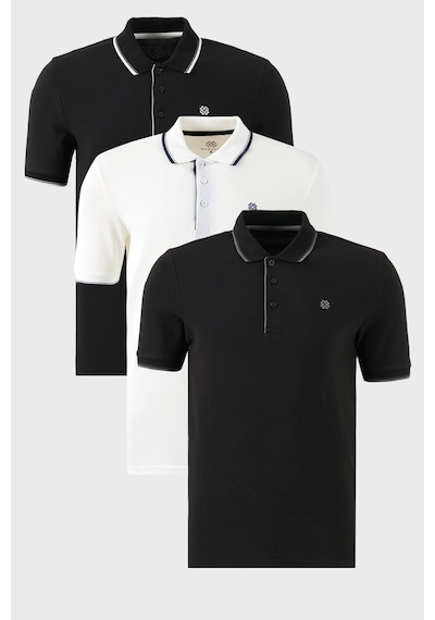 Buratti Pamuklu Slim Fit Şerit Detaylı Düğmeli Polo Yaka 3'Lü Paket Erkek T Shirt 5902118S3 Siyah-Beyaz-Siyahbeyaz