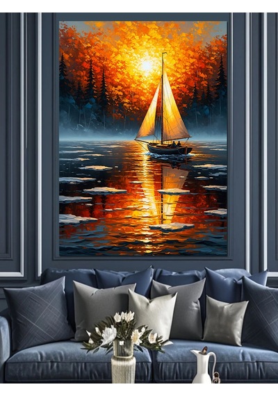 Ahşap Tablo Gün Batımı Yelkenli Manzara
