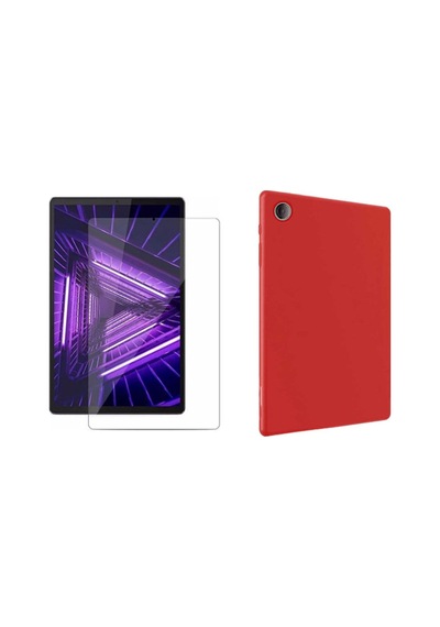 Lenovo Tab M10 Hd Uyumlu Tb-x306f Za6w0026tr Kırmızı Silikon Tablet Kılıfı + Kırılmaz Cam Arka Kapak