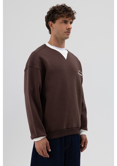 Vamos Oversize Bisiklet Yaka Baskılı Sweatshirt V70-91 Kahve