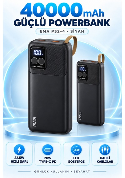 Emia P32-4 40000 Mah 22.5w Hızlı Şarjlı Powerbank, 20w Pd, Dahili Type-c Ve Lightning Kablolu, Led G Çok Renkli