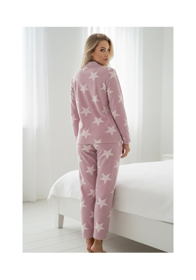 Siyah İnci Yıldız Desenli Düğmeli Polar Kışlık Örme Pijama Takım Pembe