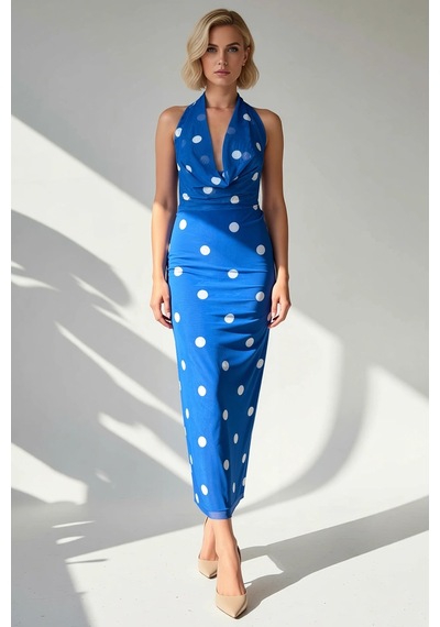 Benerly Kadın Degaje Yaka Kolsuz Puantiyeli Bodycon Kalıp Midi Elbise Fon Mavi