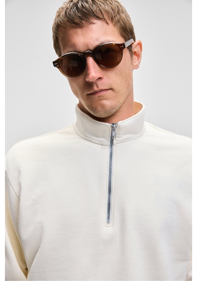 Grımelange NESTOR Erkek Relaxed Fit Dik Yakalı Yarım Fermuarlı Uzun Kollu Ekru Sweatshirt