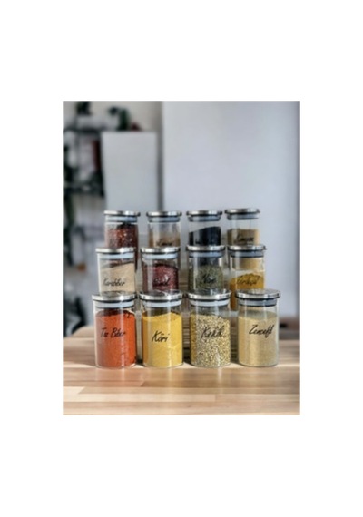 12 Li Etiketli 250ml Metal Vakumlu Kapaklı Borosilikat Cam Baharatlık Saklama Kabı Set Diğer