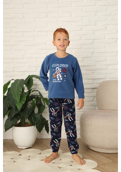 Yeni Stil Sonbahar/kış Erkek Çocuk Uzay Figür Astronot Desen Polar Pijama Takımı 4565 Mavi