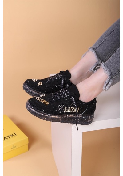 Astra Taşlı Desenli Şeffaf Taban Siyah Renkli Kadın Sneaker-siyah Siyah