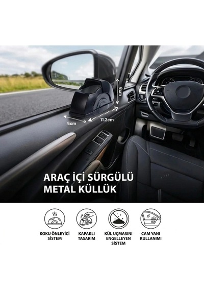 Araç İçi Salyangoz Küllük Sürgülü Kapaklı, Metal Hazneli, Koku Yayılımını Azaltmaya Yardımcı Kapı Koluna Takılabilen Otomobil Küllüğü Bx40