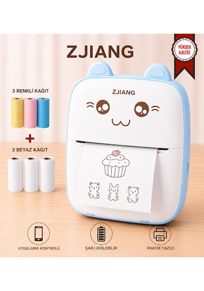Netum Mavi Mini Yazıcı Mini Taşınabilir Termal Yazıcı Kablosuz Bağlantı 3 Renkli 2beyaz Kağıt li