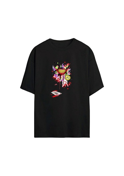 Thewert Unisex Joker Smile Baskılı Siyah Oversize Tshirt